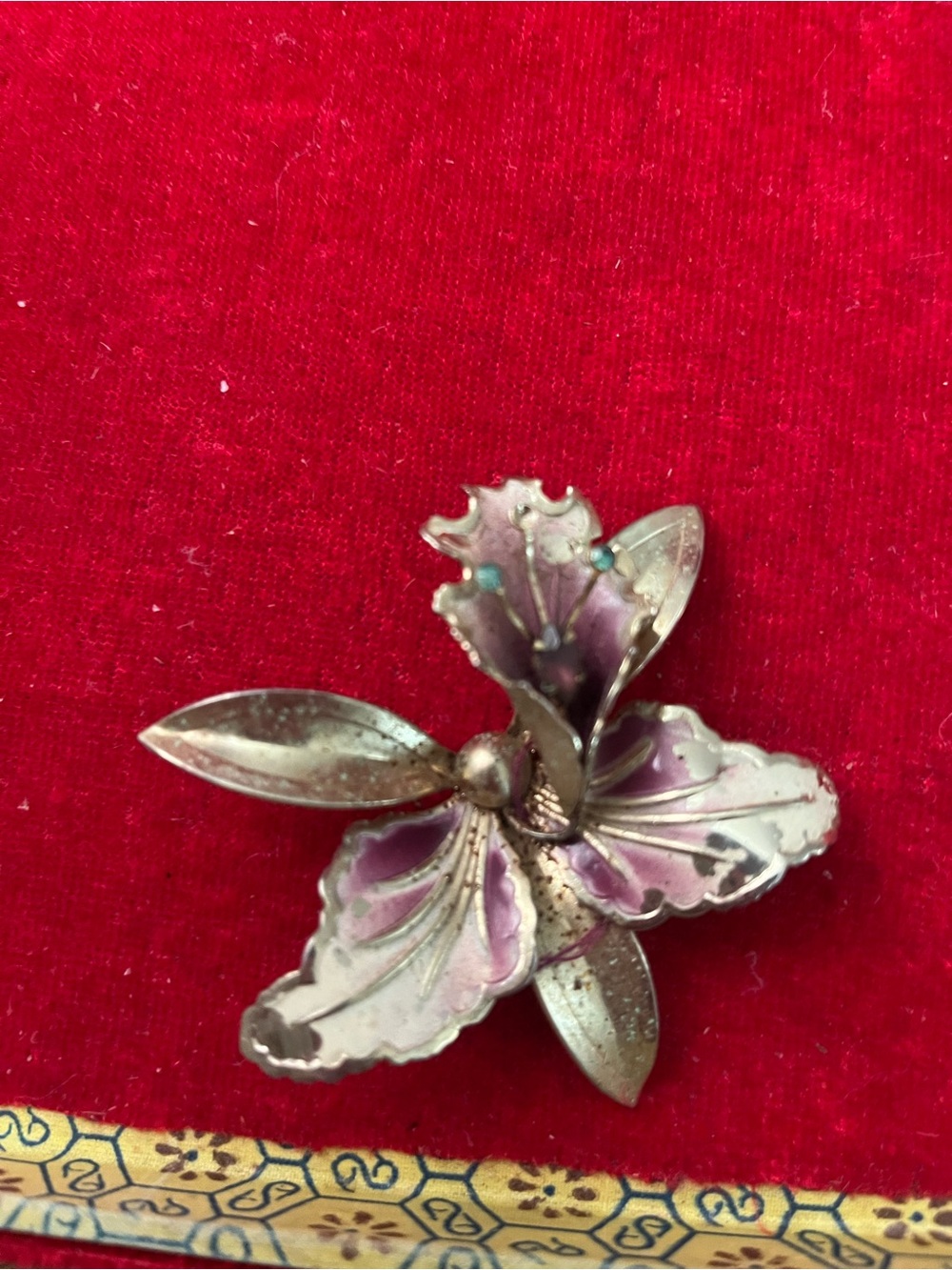 Floral Enamel Orchid Brooch - Pink and Silver